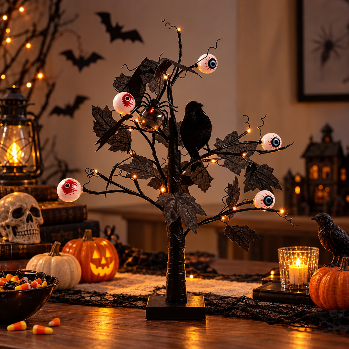 Lighted Black Halloween Eyeball & Crow LED Table Tree