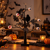 Lighted Black Halloween Eyeball & Crow LED Table Tree