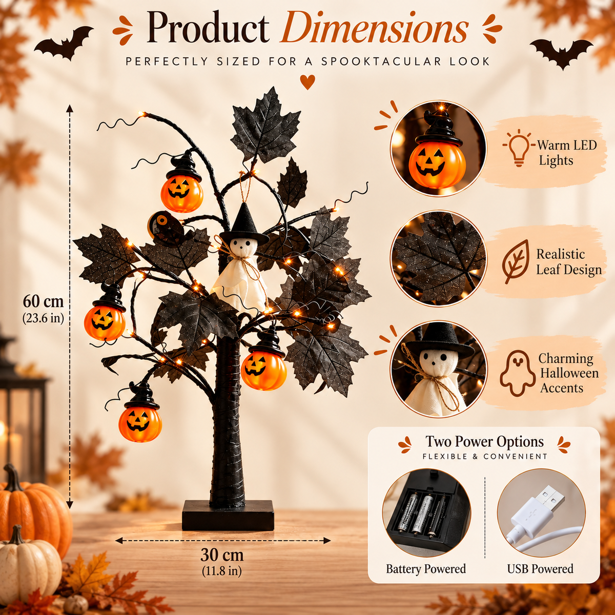Lighted Black Halloween Table Tree with Pumpkin Ghost Ornaments