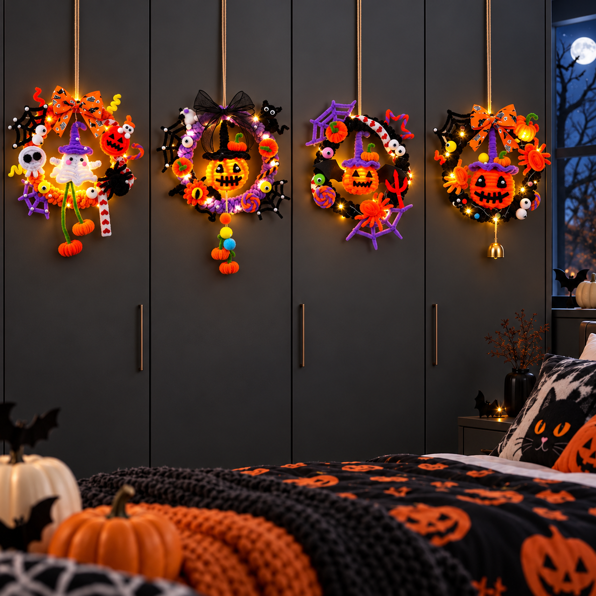 Illuminated Halloween Pumpkin Garland for Festive Door Hanging Decoration
