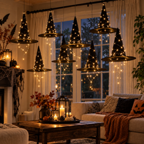 Hanging Witch Hat LED Lights – Floating Black Witch Hats for Halloween Decor