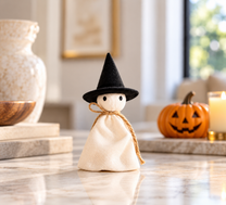 Lighted Black Halloween Table Tree with Mini Ghost Ornaments