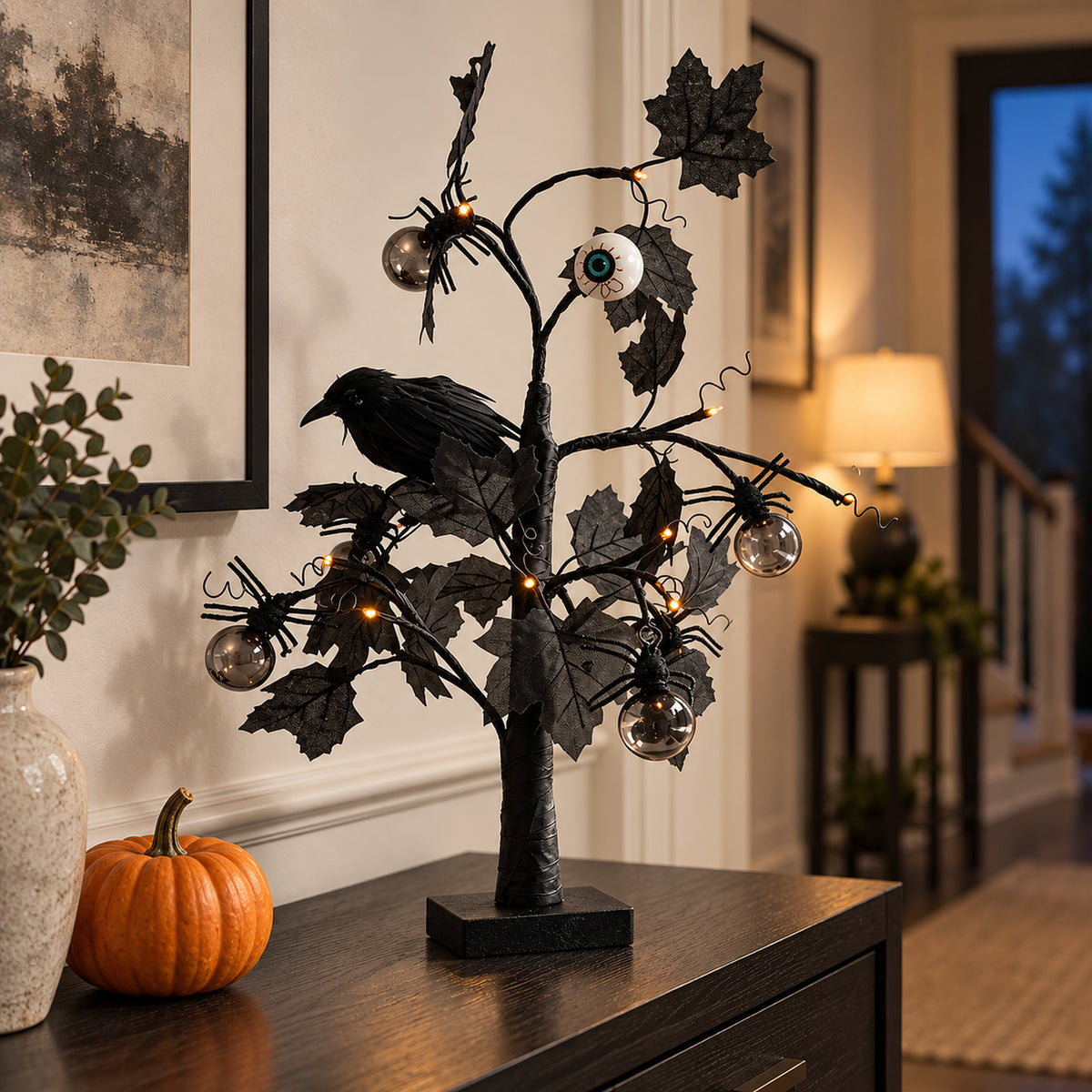 Lighted Black Halloween Eyeball Tree Spooky Tabletop Decor