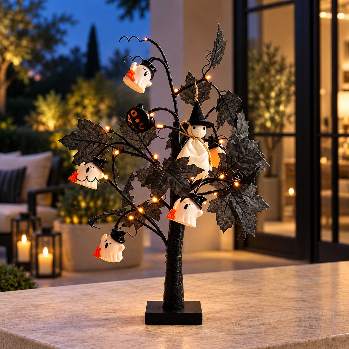 Lighted Black Halloween Table Tree with Mini Ghost Ornaments