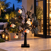 Lighted Black Halloween Table Tree with Mini Ghost Ornaments