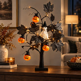 Lighted Black Halloween Table Tree with Pumpkin Ghost Ornaments
