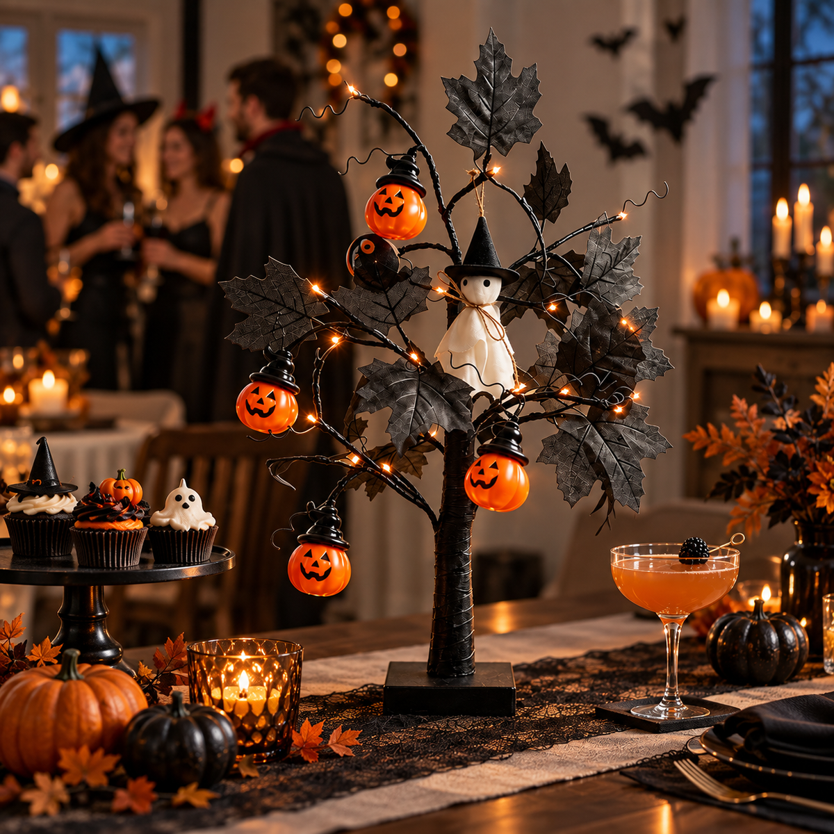 Lighted Black Halloween Table Tree with Pumpkin Ghost Ornaments
