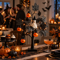 Lighted Black Halloween Table Tree with Pumpkin Ghost Ornaments