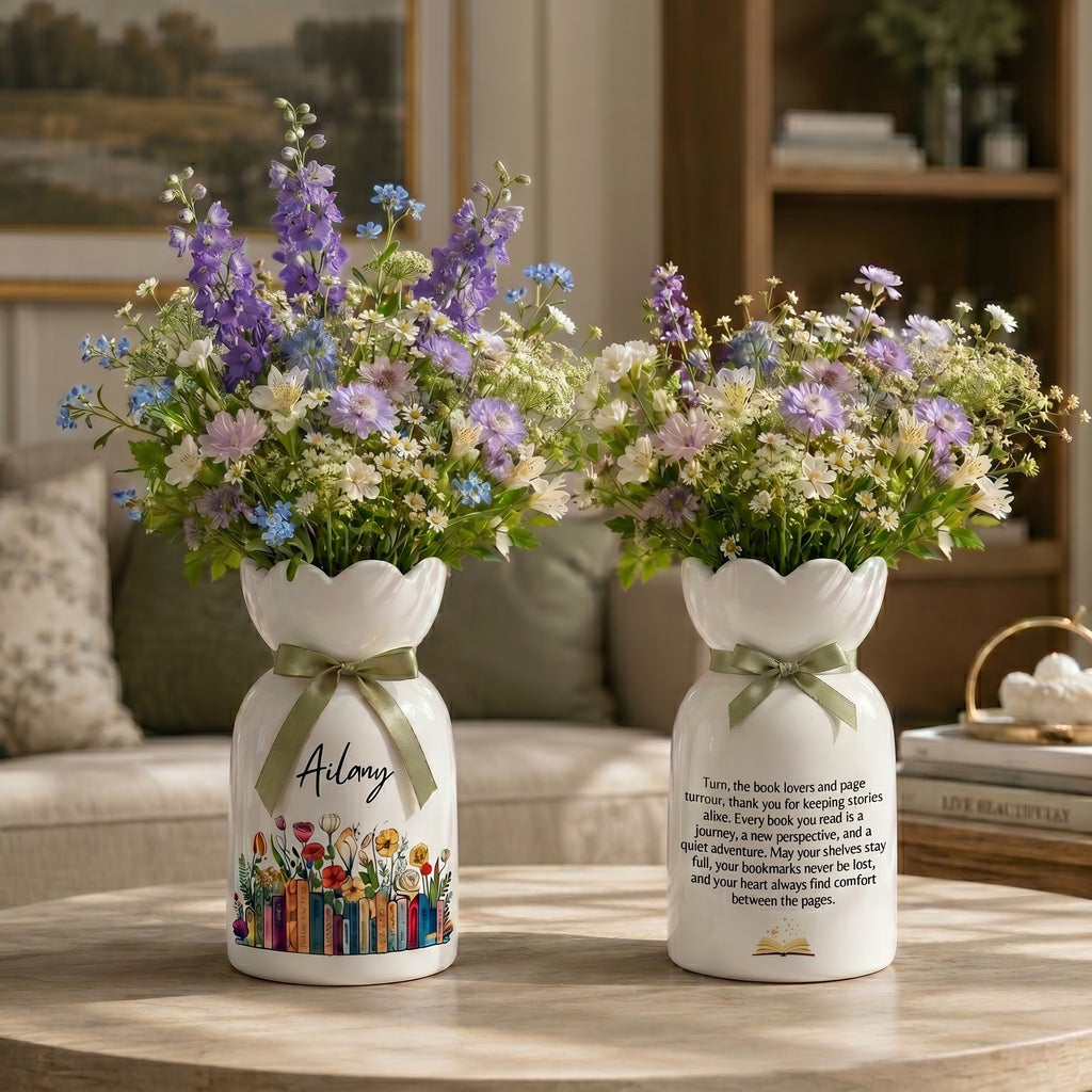Personalized Vintage Bookshelf Library Ceramic Flower Vase – Book Lover Gift