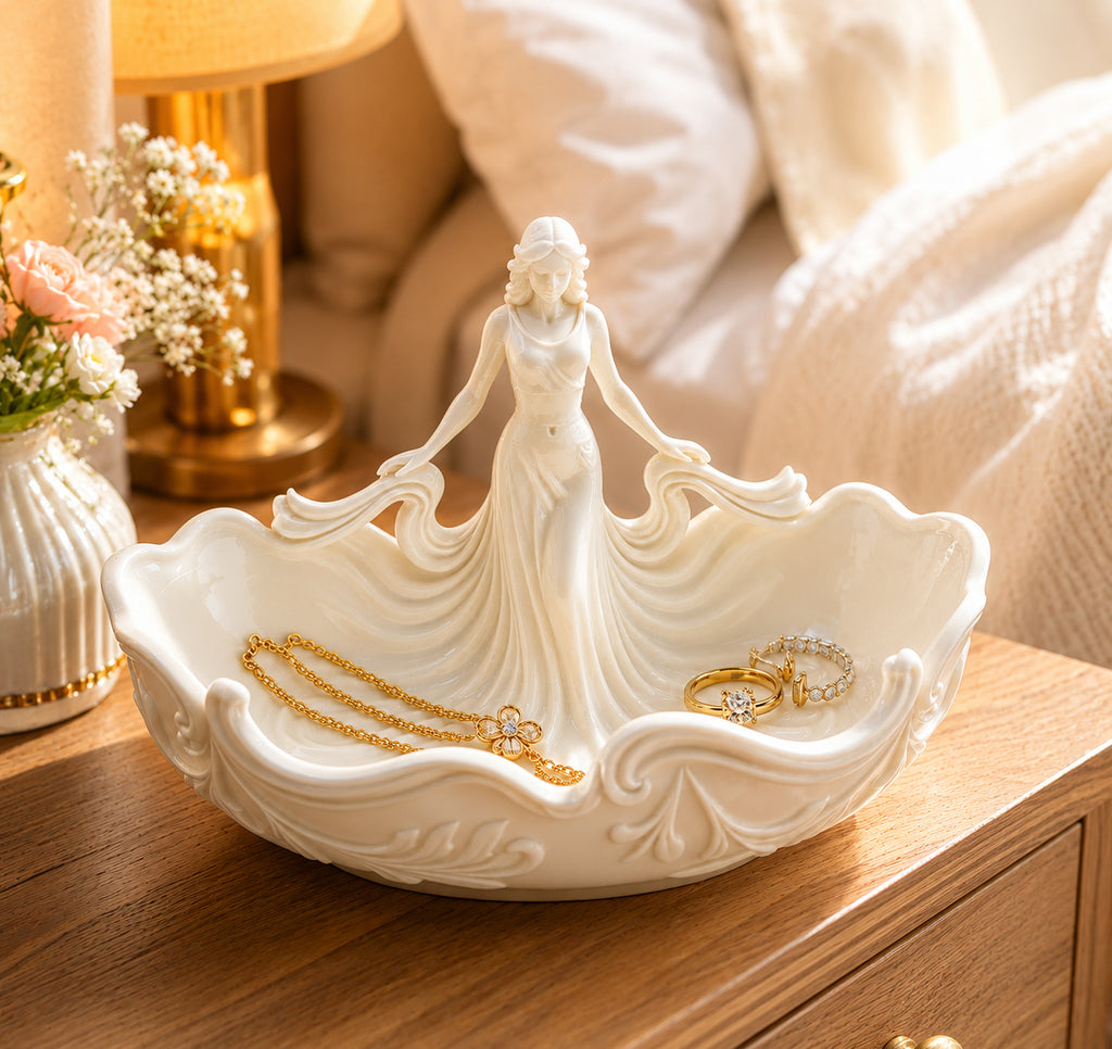 Elegant Woman Jewelry Dish – Pink Goddess Trinket Tray and Ceramic Ring Holder for Her