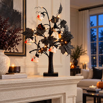 Lighted Black Halloween Table Tree with Mini Ghost Ornaments