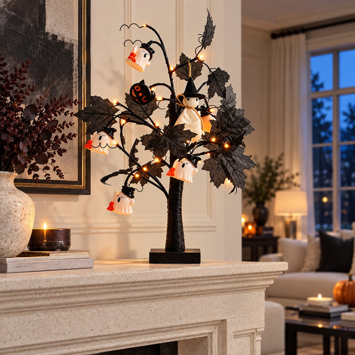 Lighted Black Halloween Table Tree with Mini Ghost Ornaments