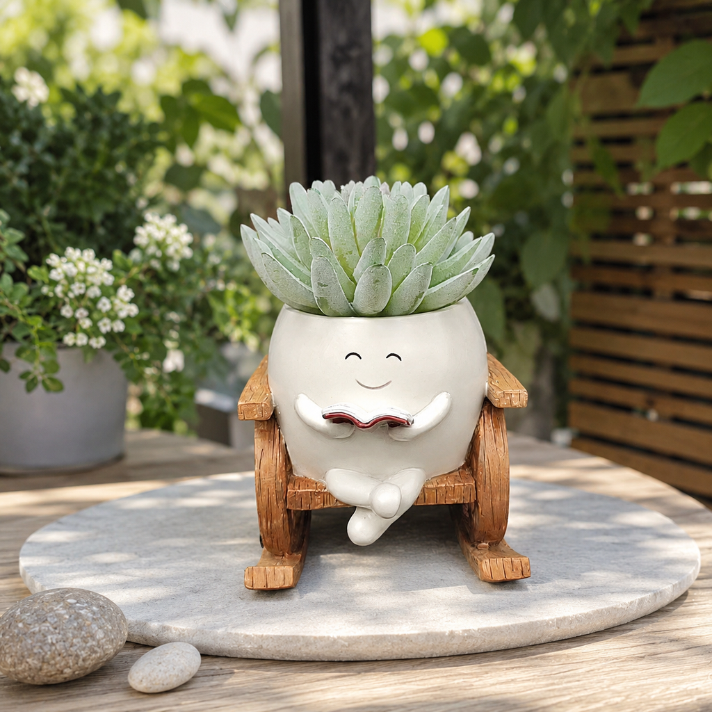 Resin Smiley Face Rocking Chair Planter – Whimsical Succulent Holder & Happy Decor
