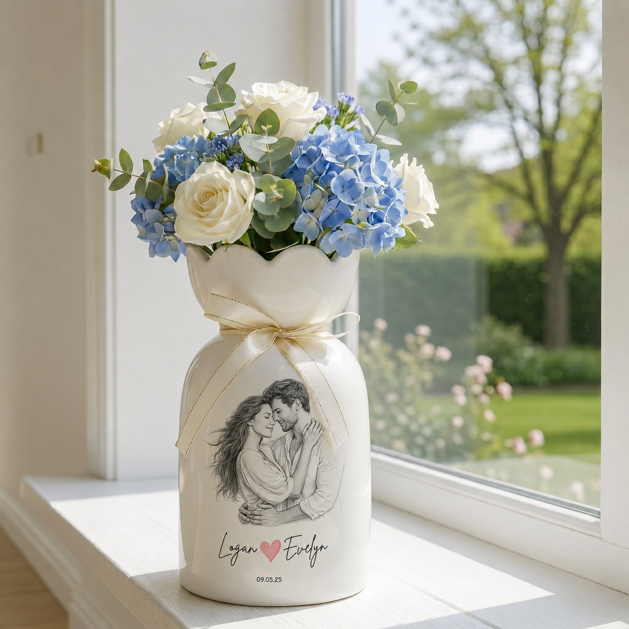 Custom Line Portrait Flower Vase – Personalized Ceramic Couple Photo Vase