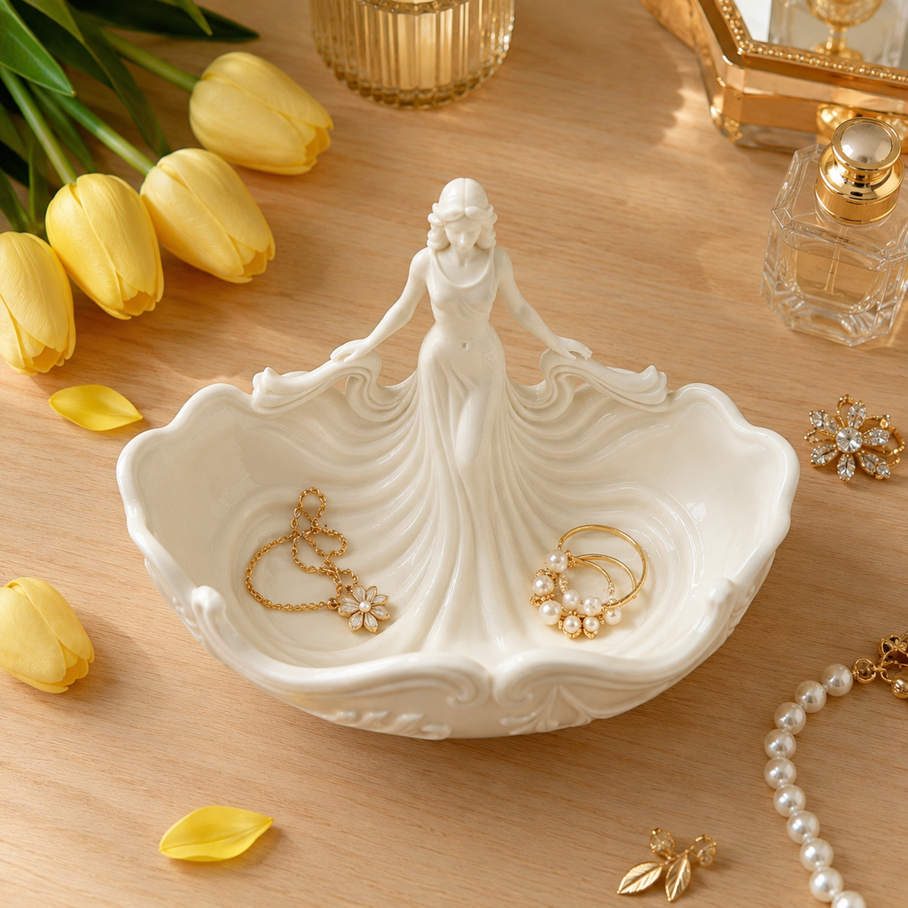 Elegant Woman Jewelry Dish – Pink Goddess Trinket Tray and Ceramic Ring Holder for Her
