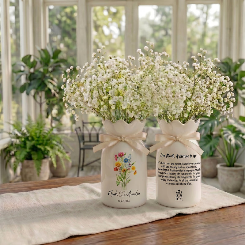 Personalized Wedding Flower Vase, Custom Birth Flower Couple Gift with Names & Wedding Date