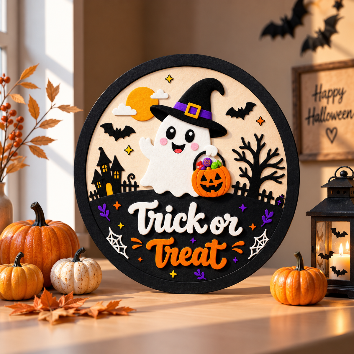 Personalized Patchwork Ghost Wooden Door Hanger