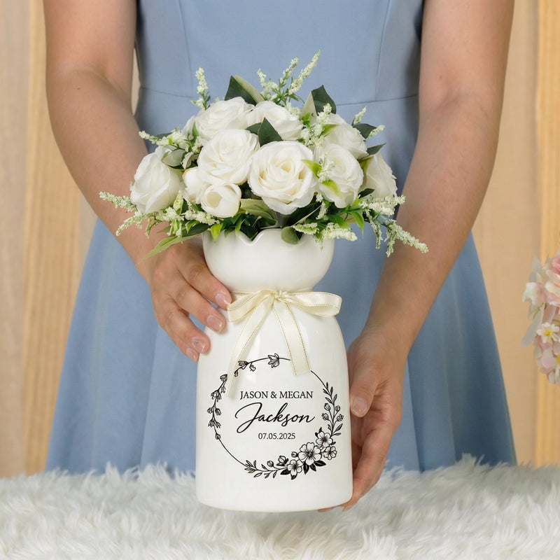 Custom Ceramic Botanical Flower Vase – Personalized Wedding Vase Gift for Couples