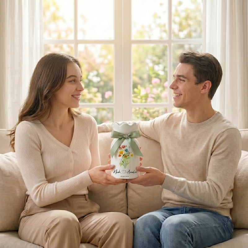 Personalized Wedding Flower Vase, Custom Birth Flower Couple Gift with Names & Wedding Date