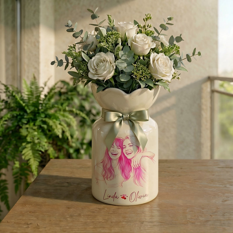 Personalized Besties Photo Ceramic Vase – Custom Photo Best Friend Flower Vase