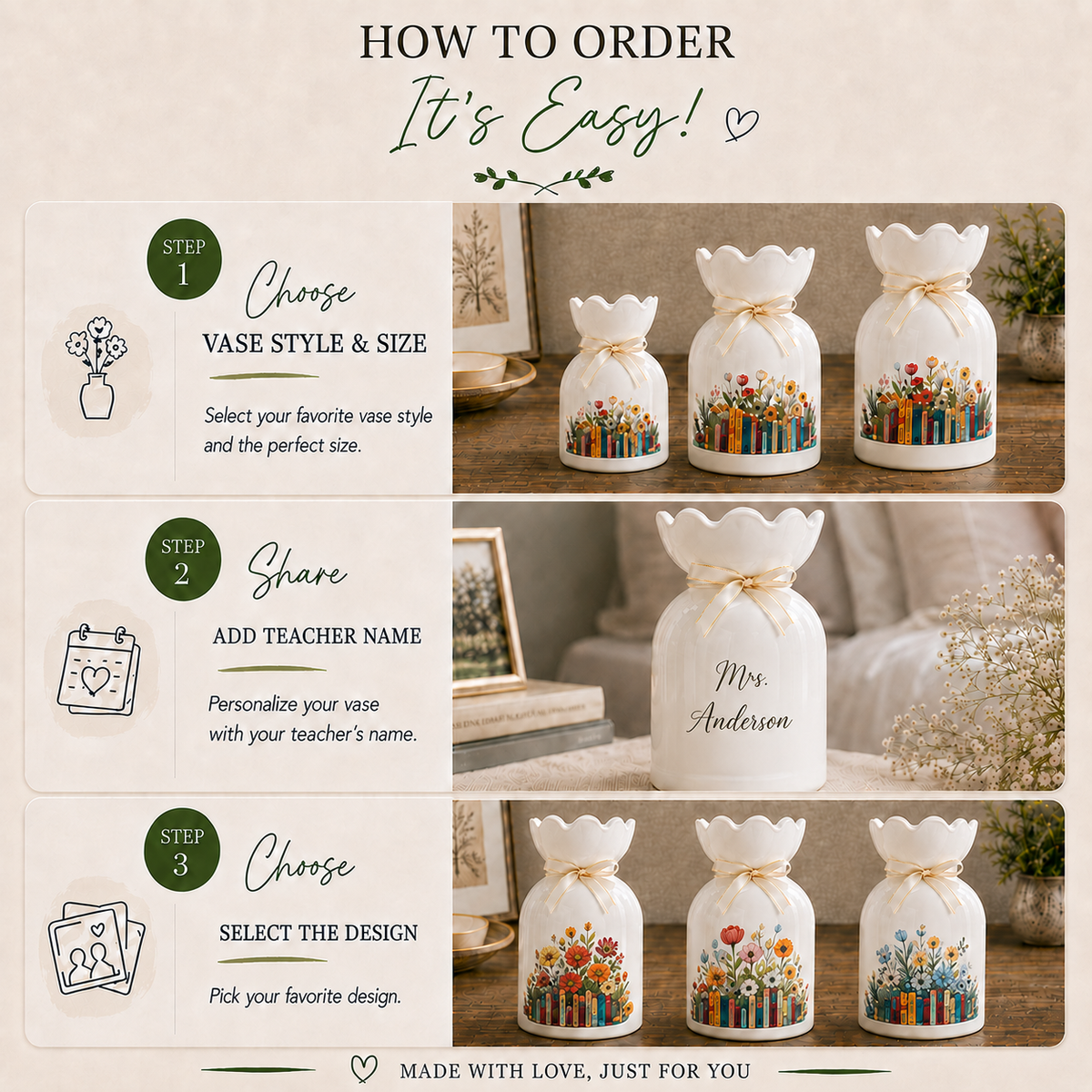 Personalized Vintage Bookshelf Library Ceramic Flower Vase – Book Lover Gift