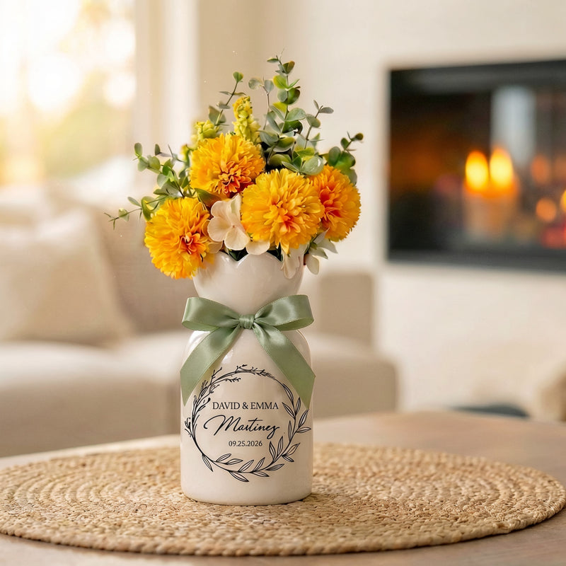Custom Ceramic Botanical Flower Vase – Personalized Wedding Vase Gift for Couples