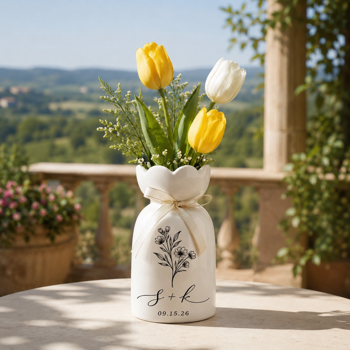 Custom Ceramic Botanical Flower Vase – Personalized Wedding Vase Gift for Couples