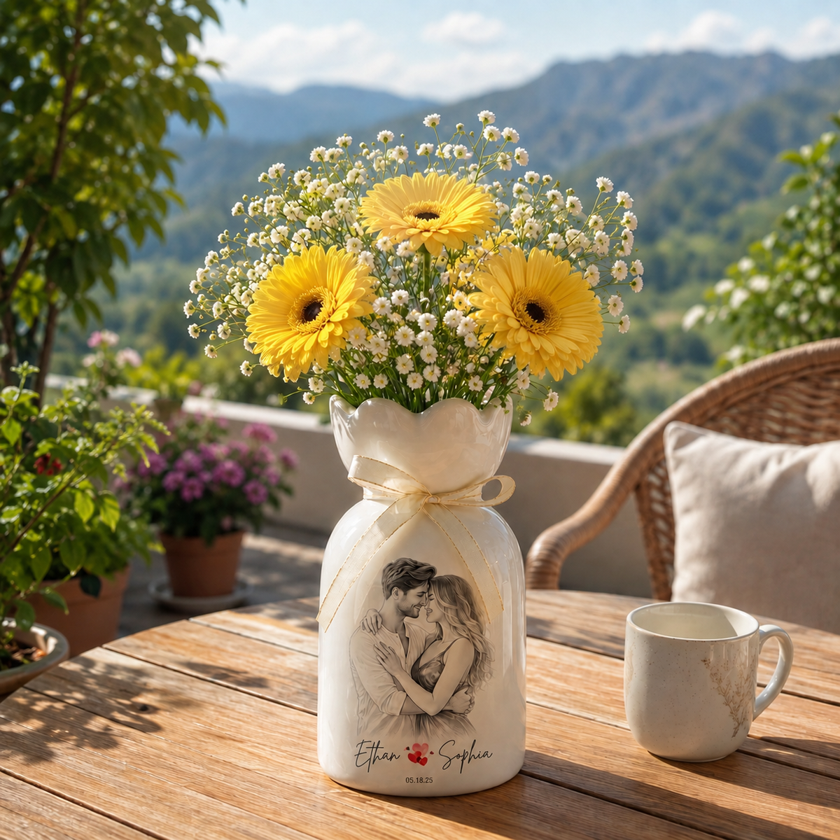 Custom Line Portrait Flower Vase – Personalized Ceramic Couple Photo Vase