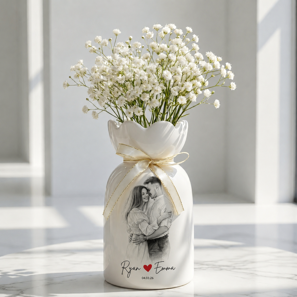 Custom Line Portrait Flower Vase – Personalized Ceramic Couple Photo Vase