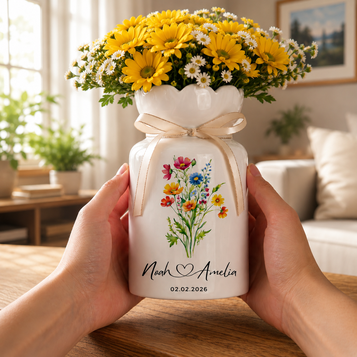 Personalized Wedding Flower Vase, Custom Birth Flower Couple Gift with Names & Wedding Date