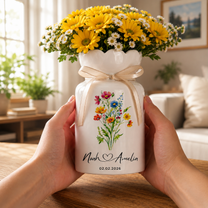 Personalized Wedding Flower Vase, Custom Birth Flower Couple Gift with Names & Wedding Date