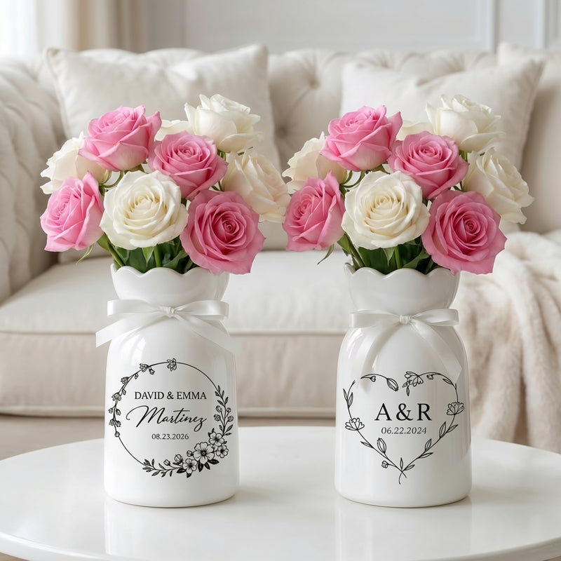 Custom Ceramic Botanical Flower Vase – Personalized Wedding Vase Gift for Couples