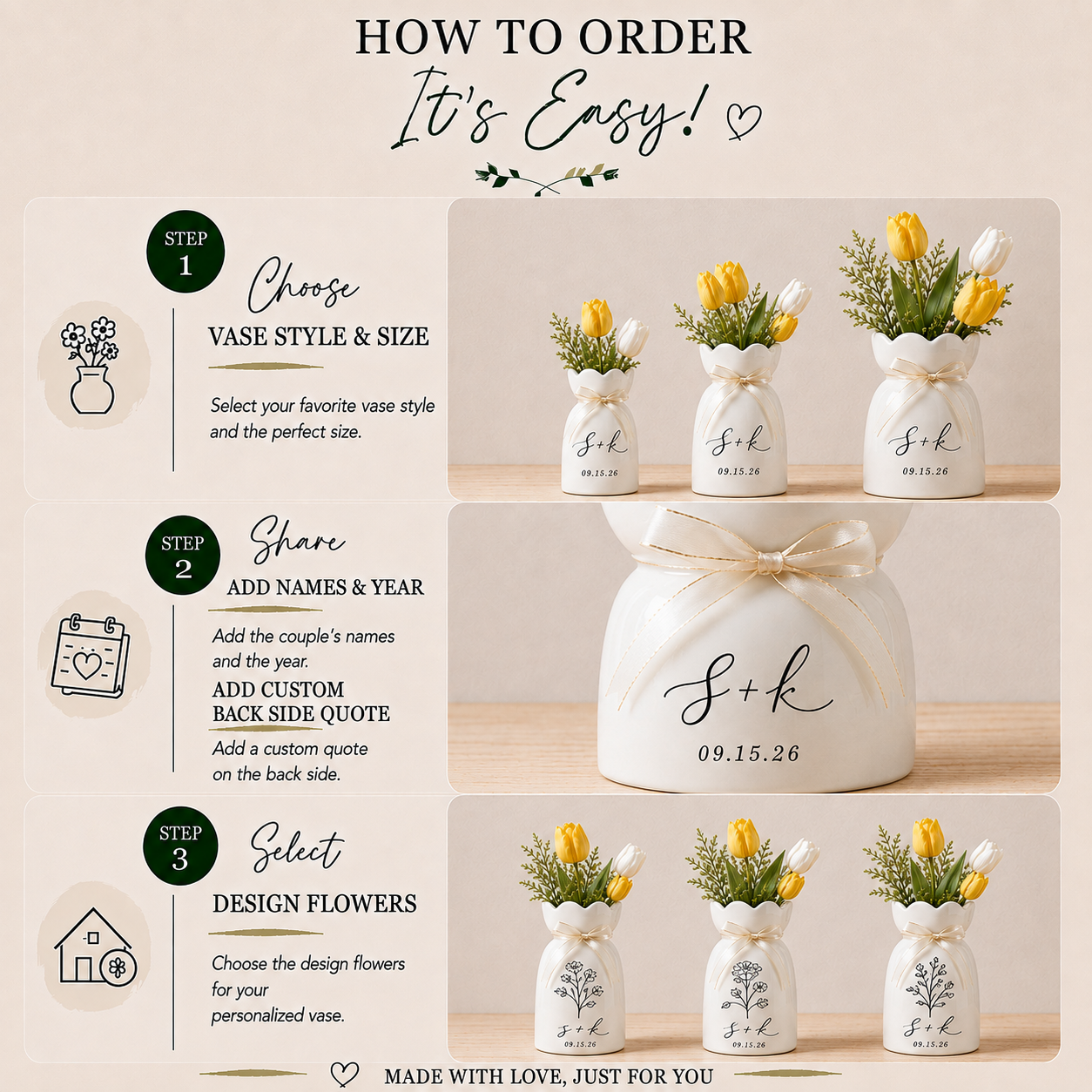 Custom Ceramic Botanical Flower Vase – Personalized Wedding Vase Gift for Couples