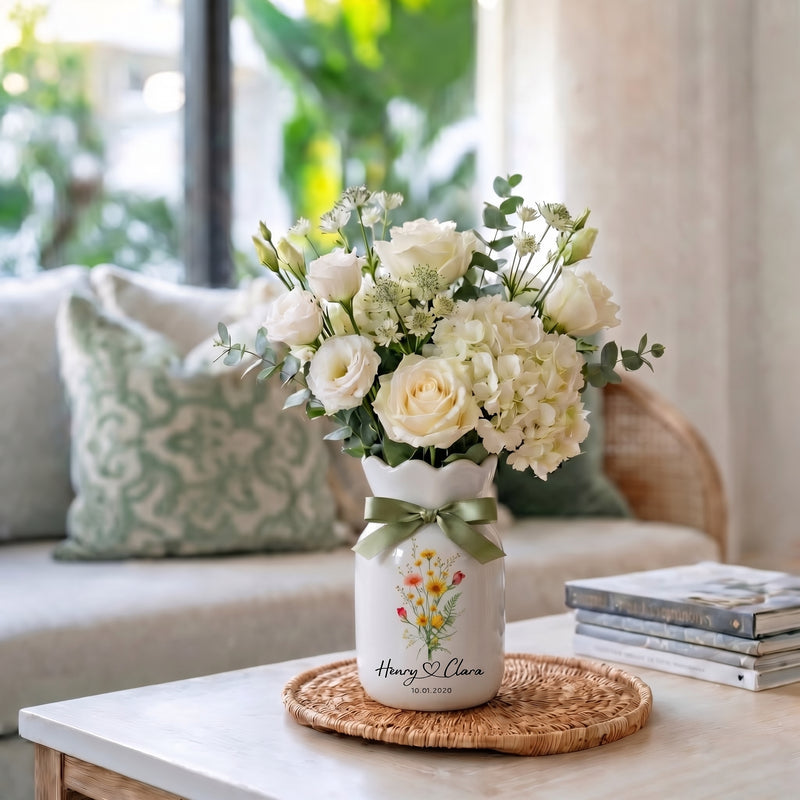 Personalized Wedding Flower Vase, Custom Birth Flower Couple Gift with Names & Wedding Date