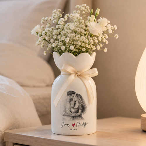 Custom Line Portrait Flower Vase – Personalized Ceramic Couple Photo Vase