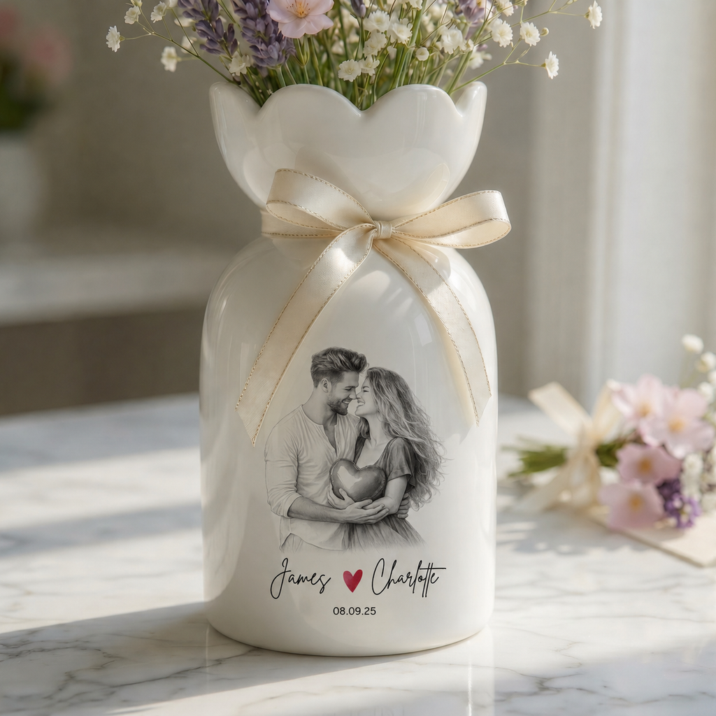 Custom Line Portrait Flower Vase – Personalized Ceramic Couple Photo Vase