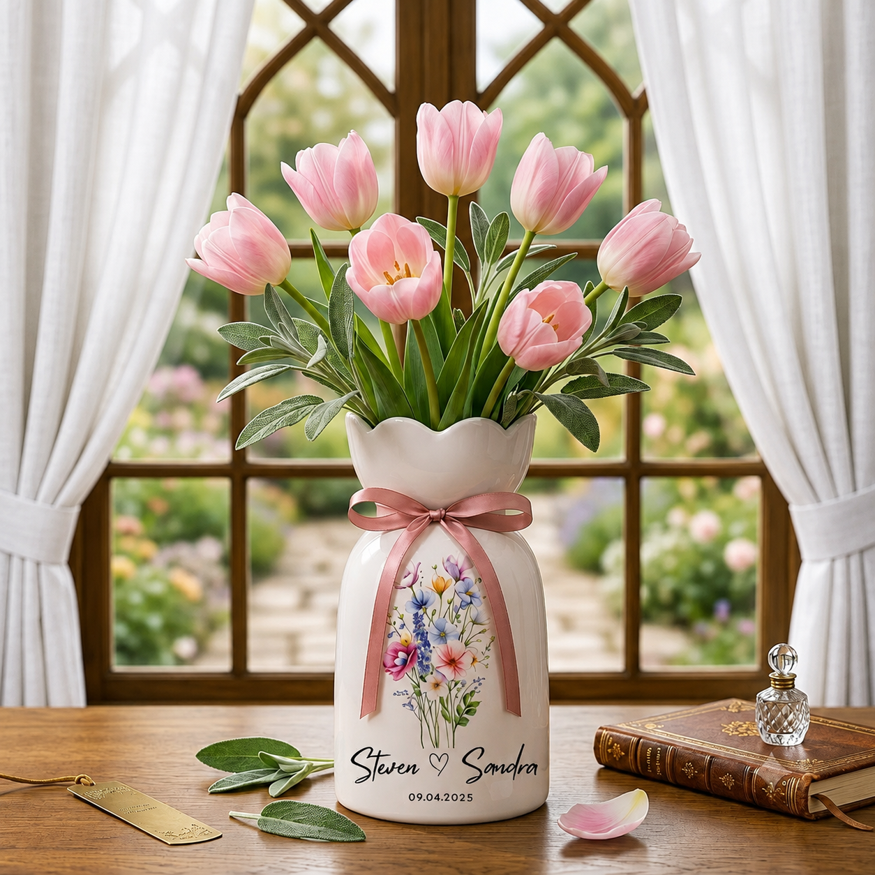 Personalized Wedding Flower Vase, Custom Birth Flower Couple Gift with Names & Wedding Date