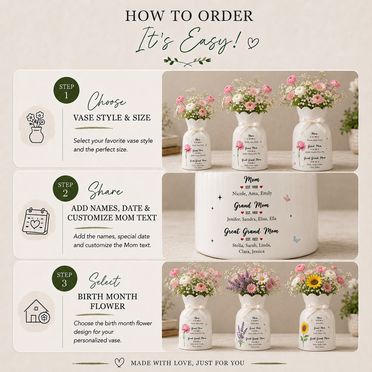 Personalized Birth Month Flower Vase – First Mom Then Grandma Now Great Grandma Gift