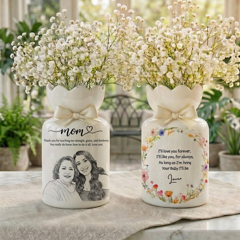 Personalized Mom Photo Flower Vase – Custom Portrait Ceramic Vase Gift for Mom