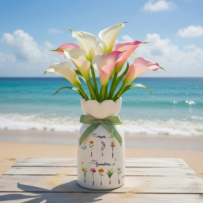 Custom First Mom Now Grandma Ceramic Flower Vase – Personalized Birth Month Flower Grandma’s Garden Gift
