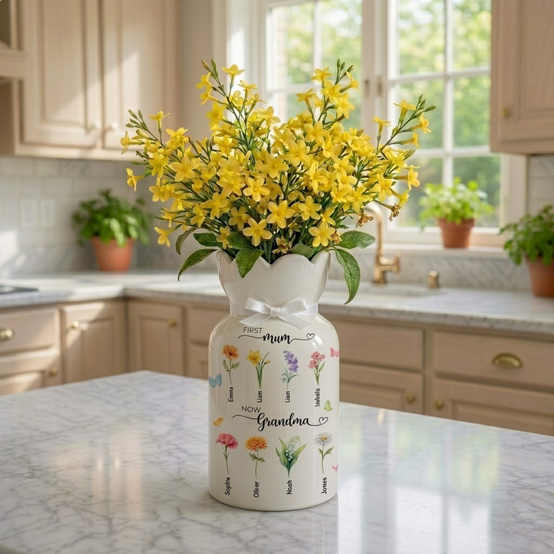 Custom First Mom Now Grandma Ceramic Flower Vase – Personalized Birth Month Flower Grandma’s Garden Gift