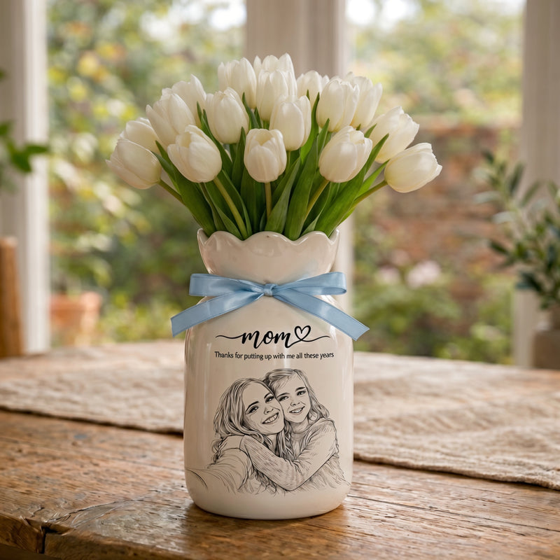 Personalized Mom Photo Flower Vase – Custom Portrait Ceramic Vase Gift for Mom