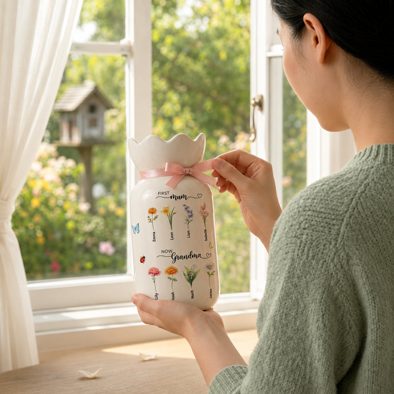 Custom First Mom Now Grandma Ceramic Flower Vase – Personalized Birth Month Flower Grandma’s Garden Gift