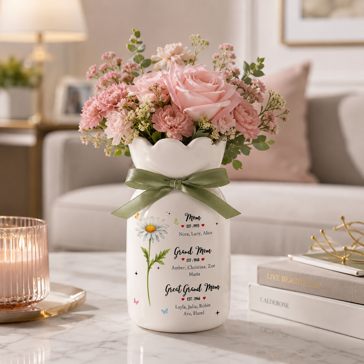 Personalized Birth Month Flower Vase – First Mom Then Grandma Now Great Grandma Gift