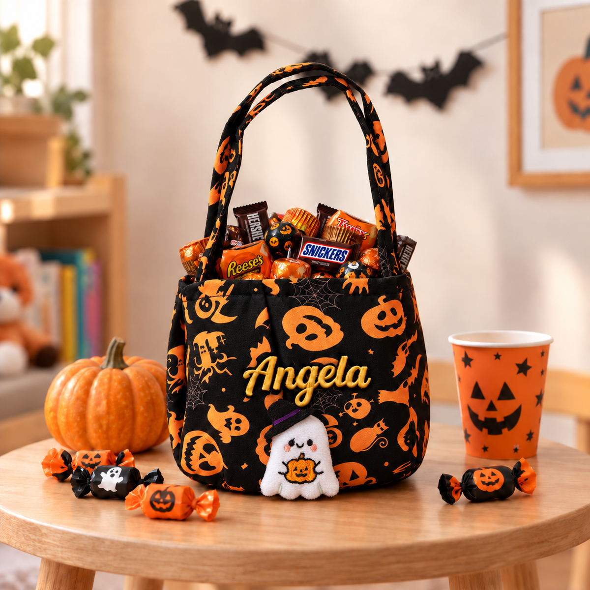Custom Name Embroidery Halloween Basket for Kids