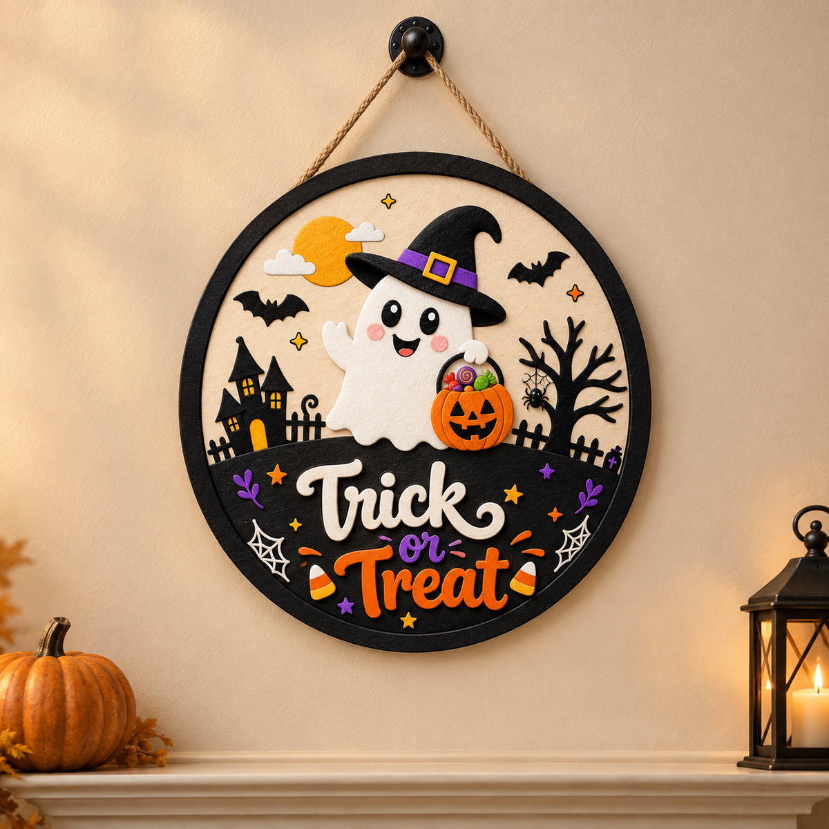 Personalized Patchwork Ghost Wooden Door Hanger