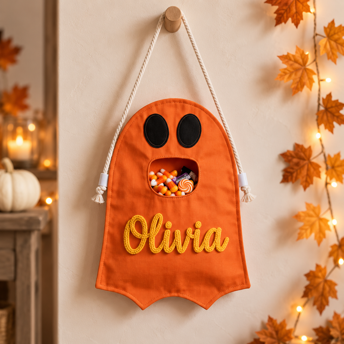 Personalized Ghost Halloween Candy Bag, Custom Name Trick or Treat Bag with Plush Charm