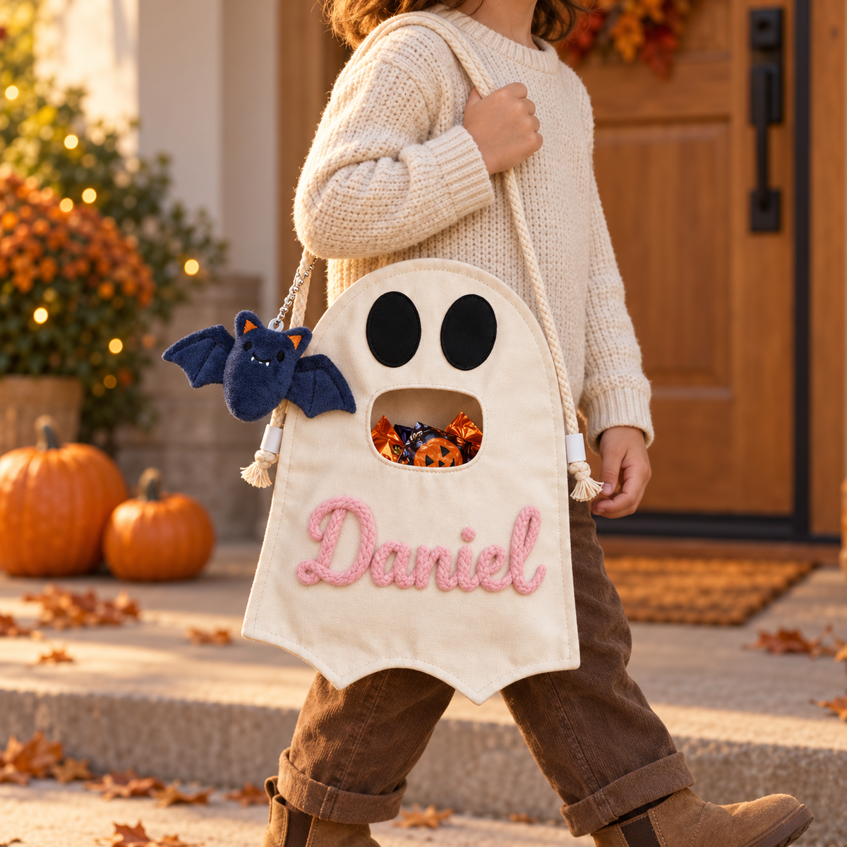 Personalized Ghost Halloween Candy Bag, Custom Name Trick or Treat Bag with Plush Charm