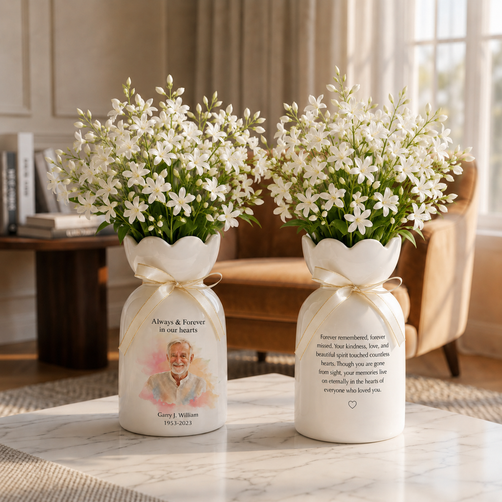 Personalized In Loving Memory Ceramic Flower Vase – Custom Photo Memorial Gift