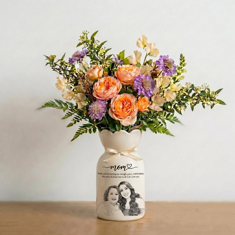 Personalized Mom Photo Flower Vase – Custom Portrait Ceramic Vase Gift for Mom
